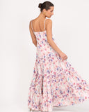 Vista posterior de vestido maxi floral con tirantes ajustables