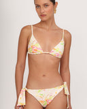 Detalle del top bikini Gioia di Sole mostrando el estampado floral y las tiras.